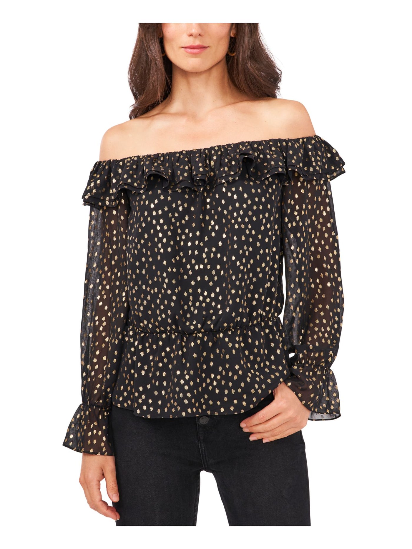 VINCE CAMUTO Womens Black Metallic Ruffled Blouson Sleeve Off Shoulder Blouse S