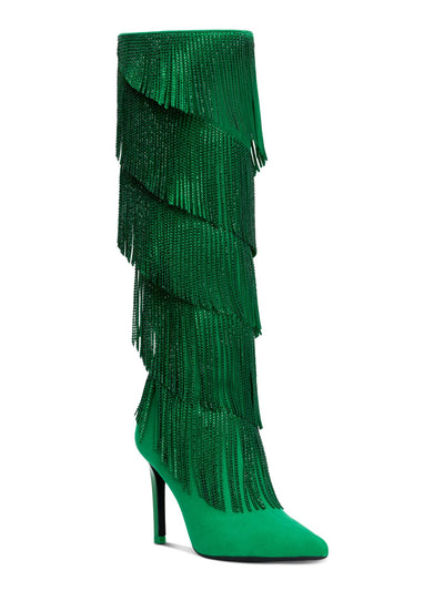 INC Womens Green Fringed Padded Shyn Pointed Toe Stiletto Zip-Up Dress Boots 5.5 M