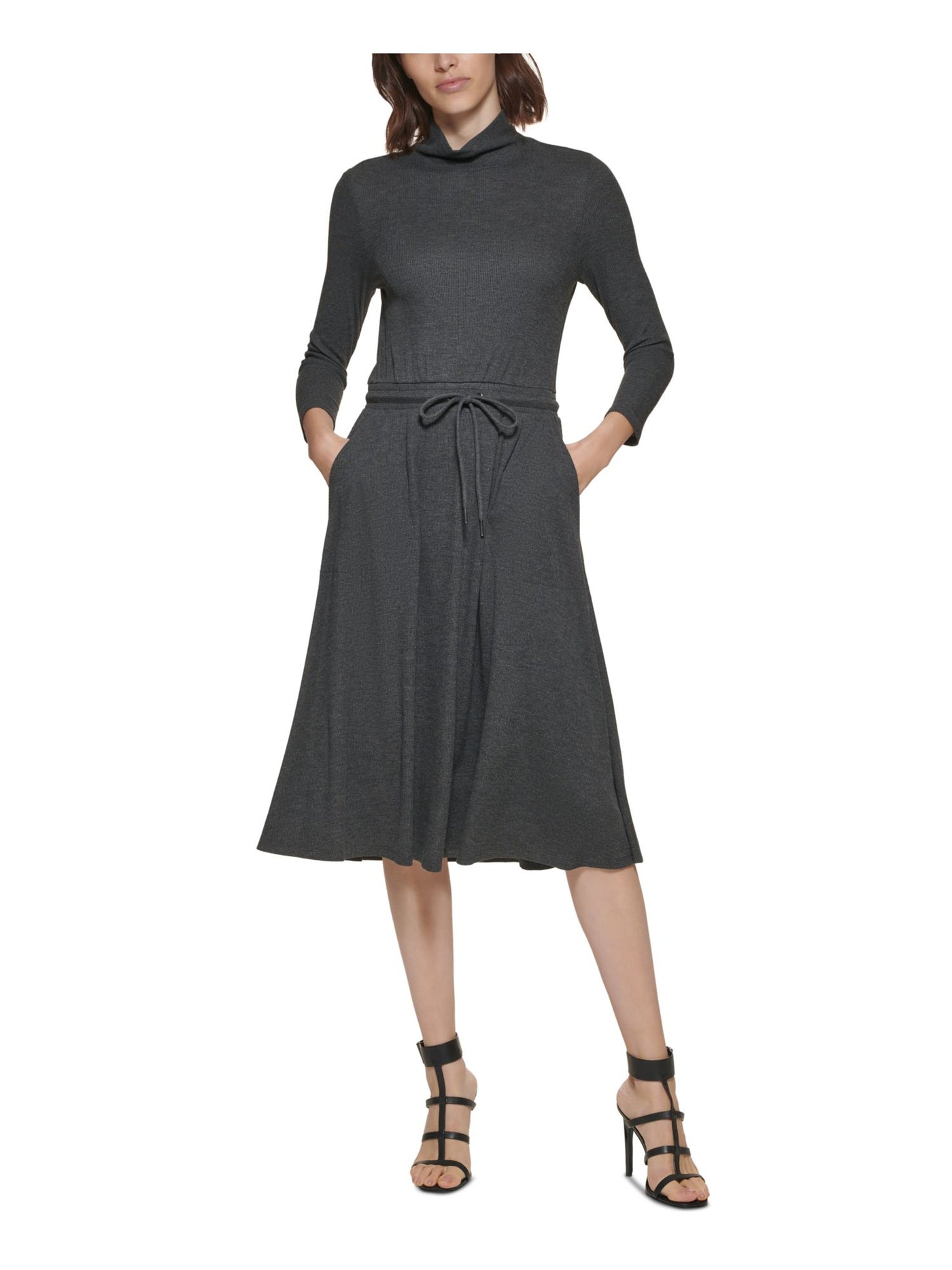 CALVIN KLEIN Womens Gray Stretch Ribbed Drawstring Waist Heather 3/4 Sleeve Mock Neck Below The Knee Wear To Work Sweater Dress 10
