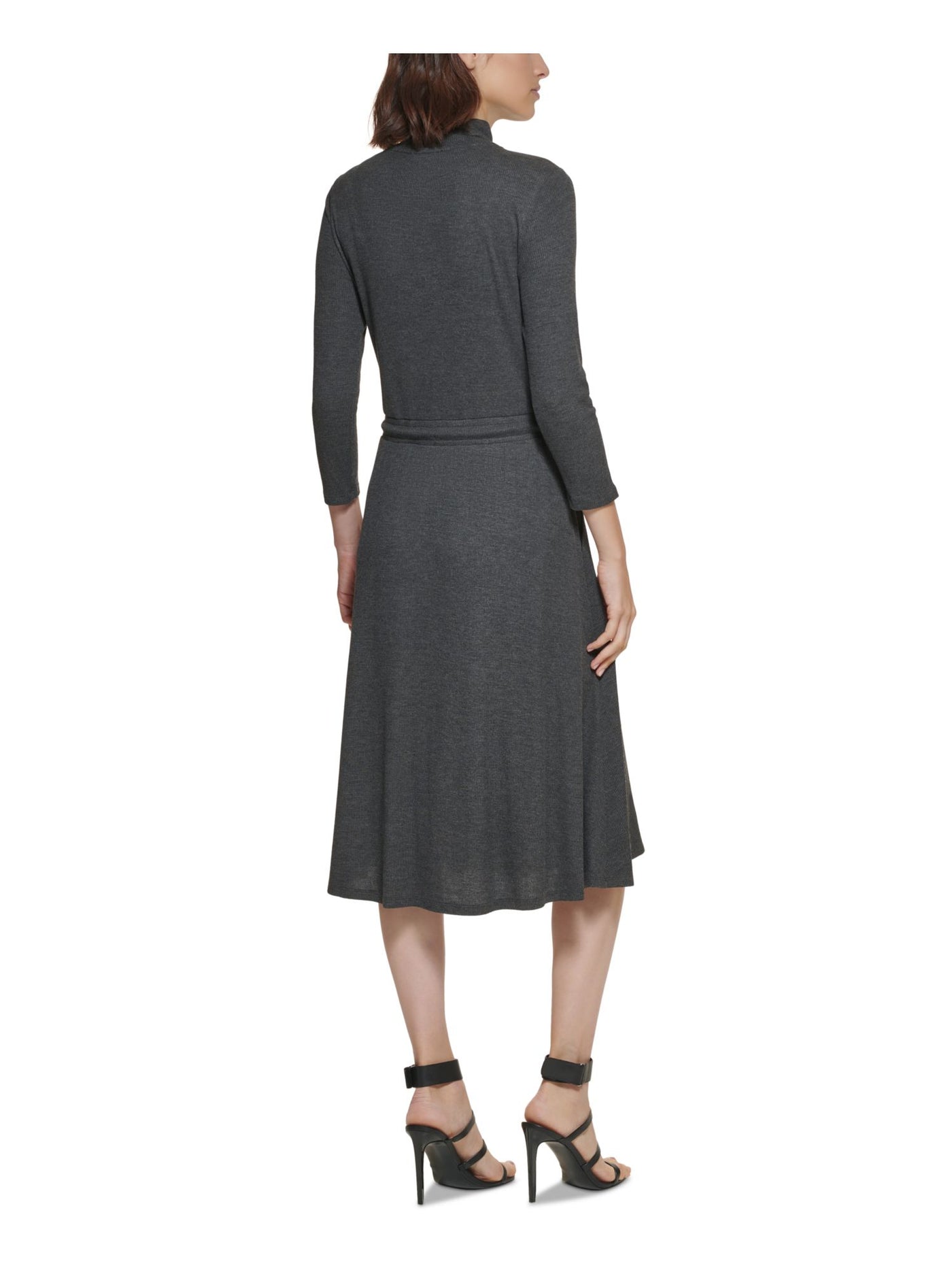 CALVIN KLEIN Womens Gray Stretch Ribbed Drawstring Waist Heather 3/4 Sleeve Mock Neck Below The Knee Wear To Work Sweater Dress 10