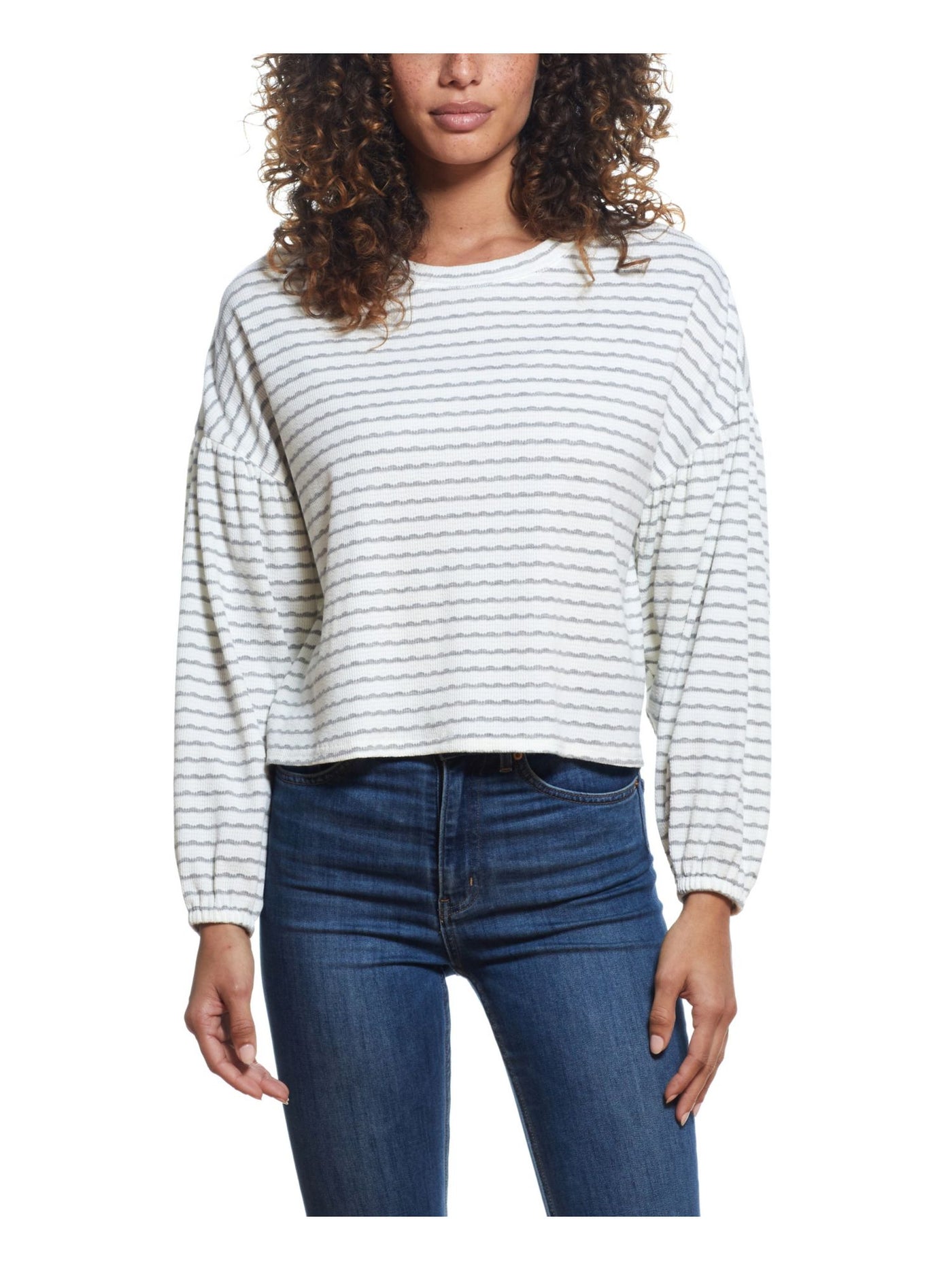 WEATHERPROOF VINTAGE Womens White Striped Balloon Sleeve Crew Neck Top S