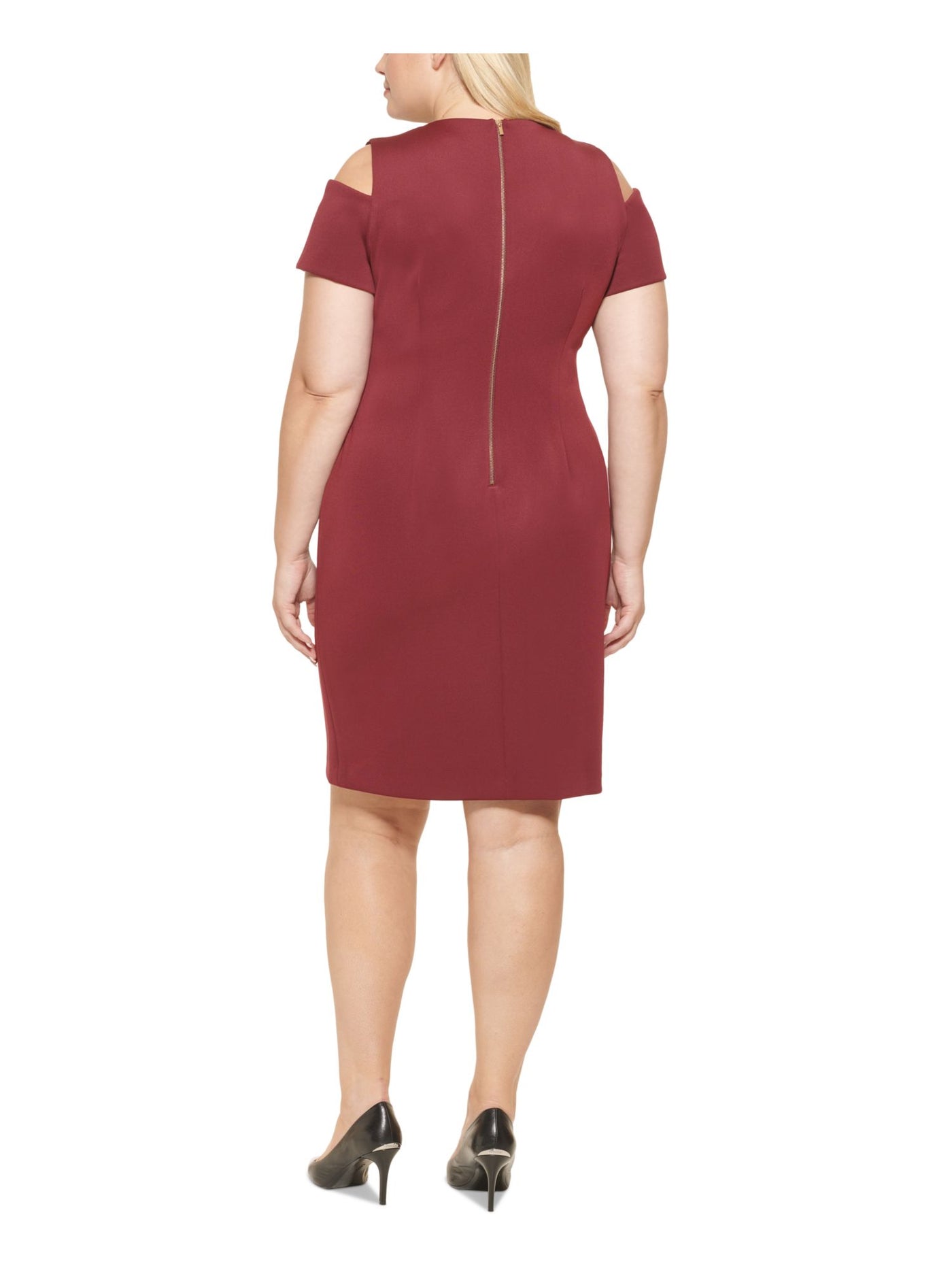 CALVIN KLEIN Womens Maroon Zippered Textured Darted Unlined Floral Short Sleeve Round Neck Above The Knee Wear To Work Sheath Dress Plus 14W