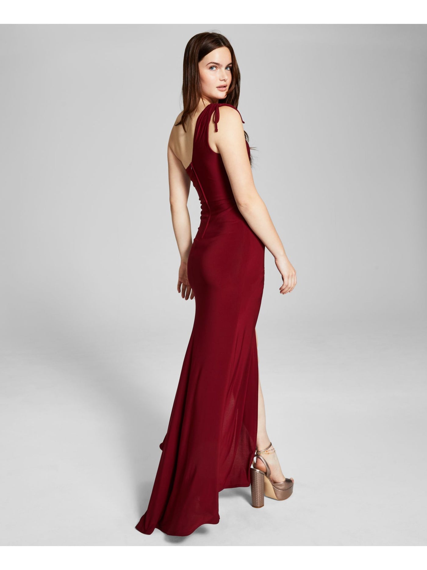 B DARLIN Womens Burgundy Zippered Slitted Tie Shoulder Lined Sleeveless Asymmetrical Neckline Full-Length Gown Prom Dress 9\10