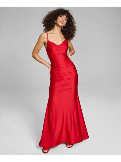 B DARLIN Womens Red Zippered Fitted Small Train Adjustable Straps Spaghetti Strap Cowl Neck Full-Length Evening Gown Dress Juniors 0