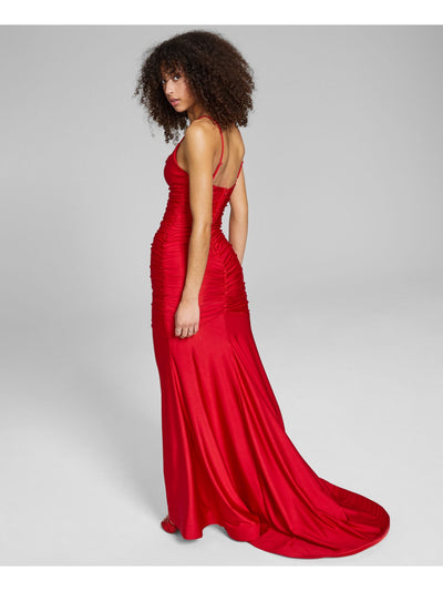 B DARLIN Womens Red Zippered Fitted Small Train Adjustable Straps Spaghetti Strap Cowl Neck Full-Length Evening Gown Dress Juniors 0