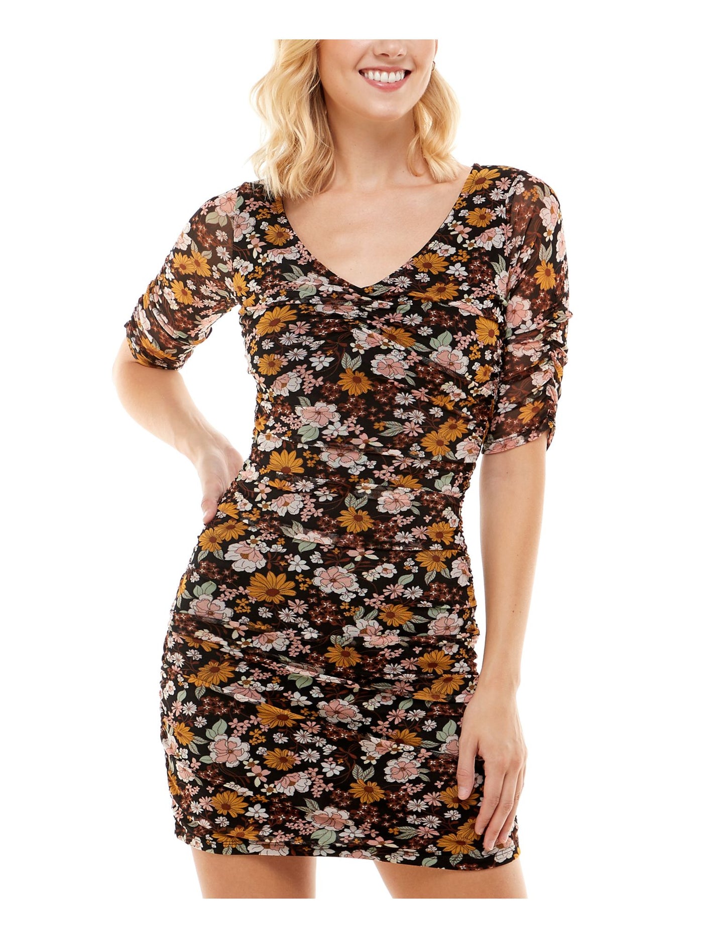 NO COMMENT Womens Black Stretch Ruched Pullover Lined Printed Elbow Sleeve V Neck Above The Knee Body Con Dress S