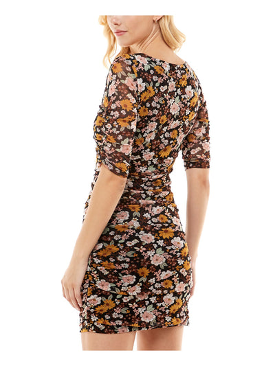 NO COMMENT Womens Black Stretch Ruched Pullover Lined Printed Elbow Sleeve V Neck Above The Knee Body Con Dress S