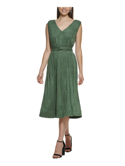 KENSIE DRESSES Womens Stretch Faux Suede Ruched Belted Pocketed Pullover Sleeveless V Neck Midi Wear To Work Sheath Dress
