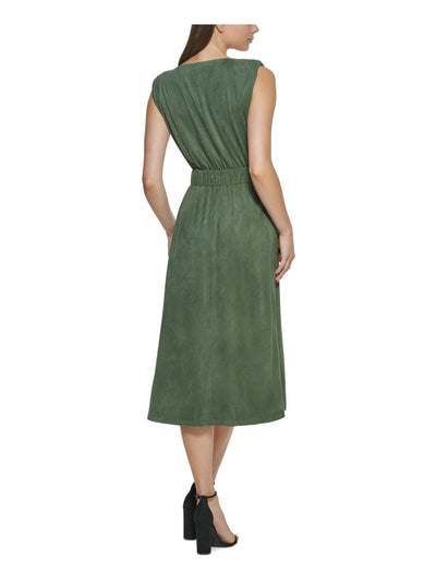 KENSIE DRESSES Womens Green Stretch Faux Suede Ruched Belted Pocketed Pullover Sleeveless V Neck Midi Wear To Work Sheath Dress XXL