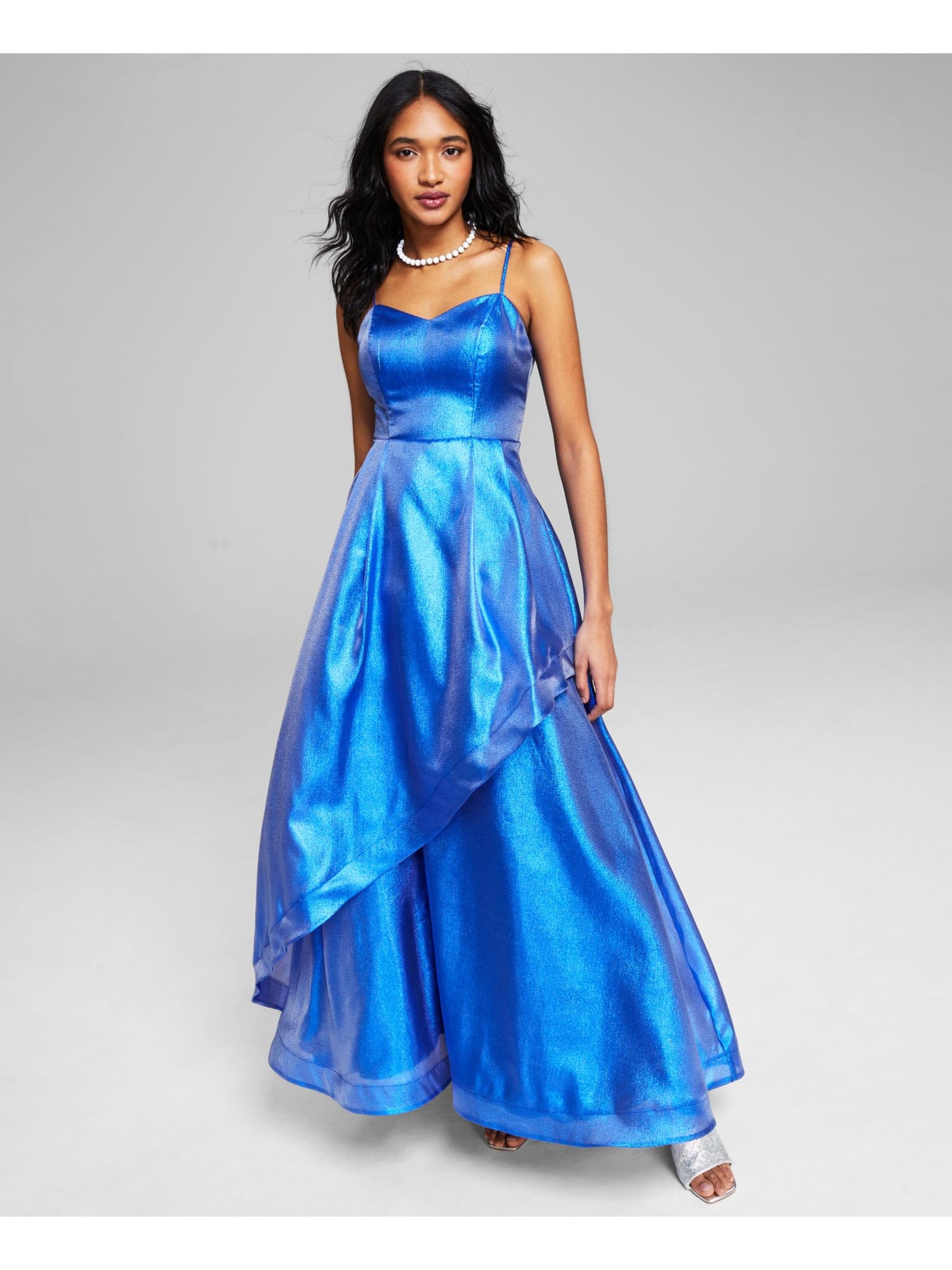 TEEZE ME Womens Blue Zippered Metallic Lace Up Back Lined Spaghetti Strap Sweetheart Neckline Full-Length Gown Prom Dress 0