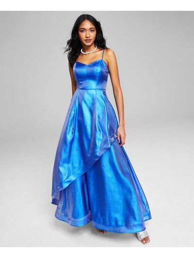 TEEZE ME Womens Blue Zippered Metallic Lace Up Back Lined Spaghetti Strap Sweetheart Neckline Full-Length Gown Prom Dress 0