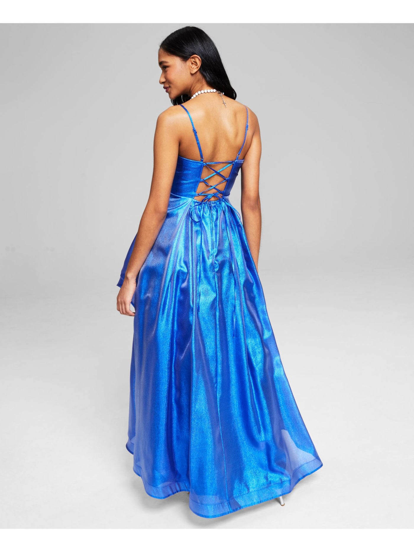 TEEZE ME Womens Blue Zippered Metallic Lace Up Back Lined Spaghetti Strap Sweetheart Neckline Full-Length Gown Prom Dress 0