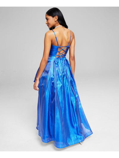 TEEZE ME Womens Blue Zippered Metallic Lace Up Back Lined Spaghetti Strap Sweetheart Neckline Full-Length Gown Prom Dress 0