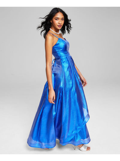 TEEZE ME Womens Blue Zippered Metallic Lace Up Back Lined Spaghetti Strap Sweetheart Neckline Full-Length Gown Prom Dress 0
