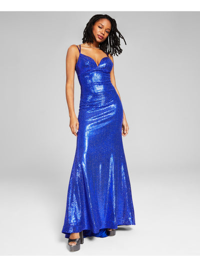 B DARLIN Womens Blue Sequined Zippered Lined Padded Lace Up Back Spaghetti Strap Sweetheart Neckline Full-Length Formal Gown Dress Juniors 13\14