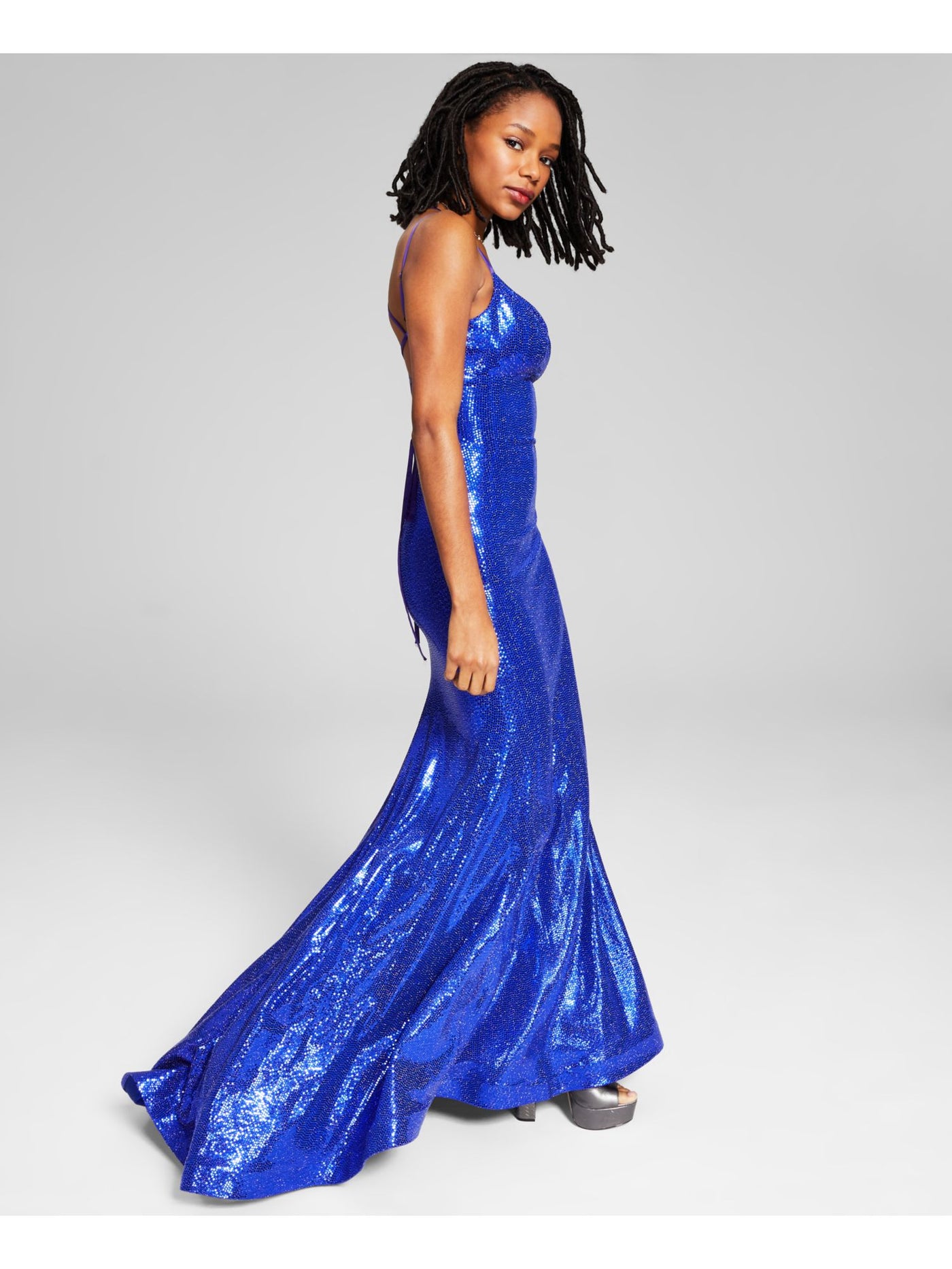 B DARLIN Womens Blue Sequined Zippered Lined Padded Lace Up Back Spaghetti Strap Sweetheart Neckline Full-Length Formal Gown Dress Juniors 13\14