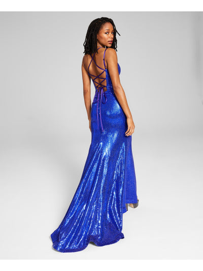 B DARLIN Womens Blue Sequined Zippered Lined Padded Lace Up Back Spaghetti Strap Sweetheart Neckline Full-Length Formal Gown Dress Juniors 13\14