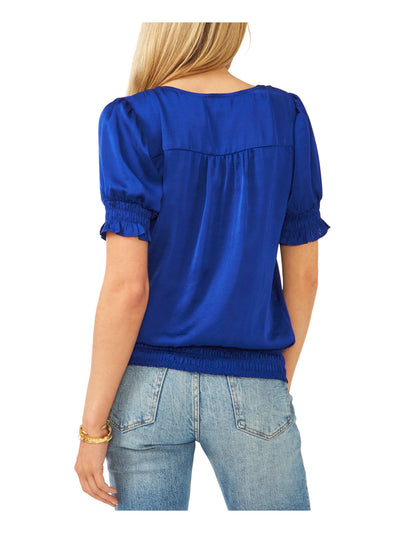 VINCE CAMUTO Womens Blue Smocked Pleated Silk Short Sleeve V Neck Blouse S