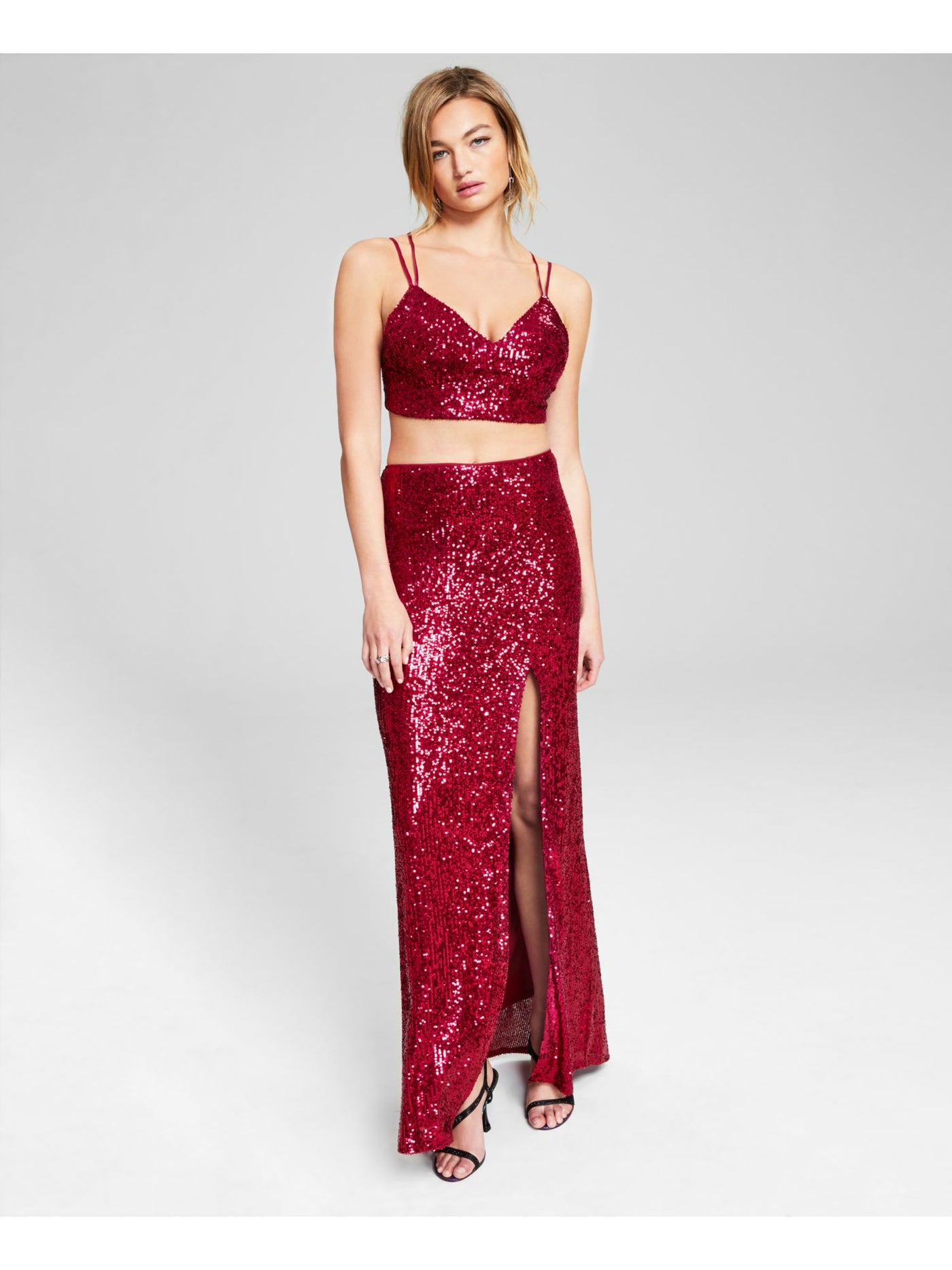 JUMP APPAREL Womens Red Sequined Slitted Lined Sleeveless V Neck Full-Length Prom Gown Dress 5\6