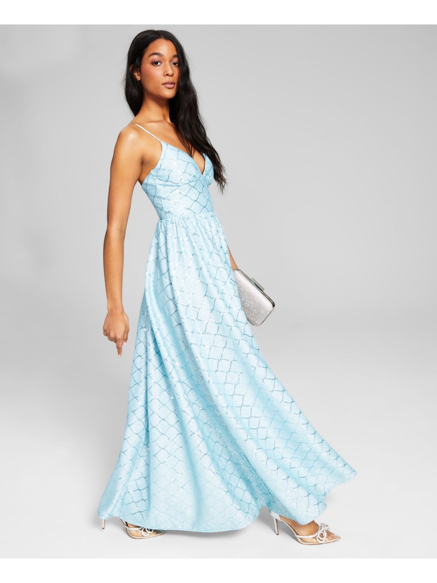 CRYSTAL DOLLS Womens Light Blue Sequined Glitter Zippered Lined Spaghetti Strap V Neck Full-Length Formal Gown Dress 5