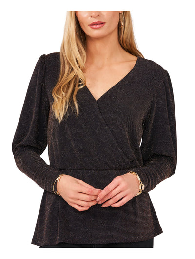 VINCE CAMUTO Womens Black Textured Metallic Elastic Waistband Peplum Hem Long Sleeve Surplice Neckline Top XS