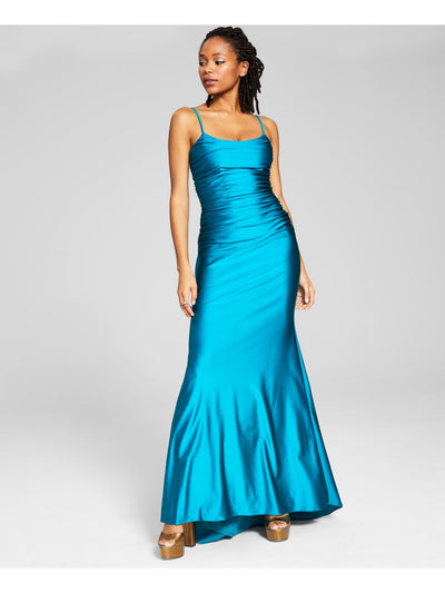 BLONDIE NITES Womens Teal Zippered Ruched Crisscross Strappy Satin Spaghetti Strap Scoop Neck Full-Length Evening Gown Dress 11