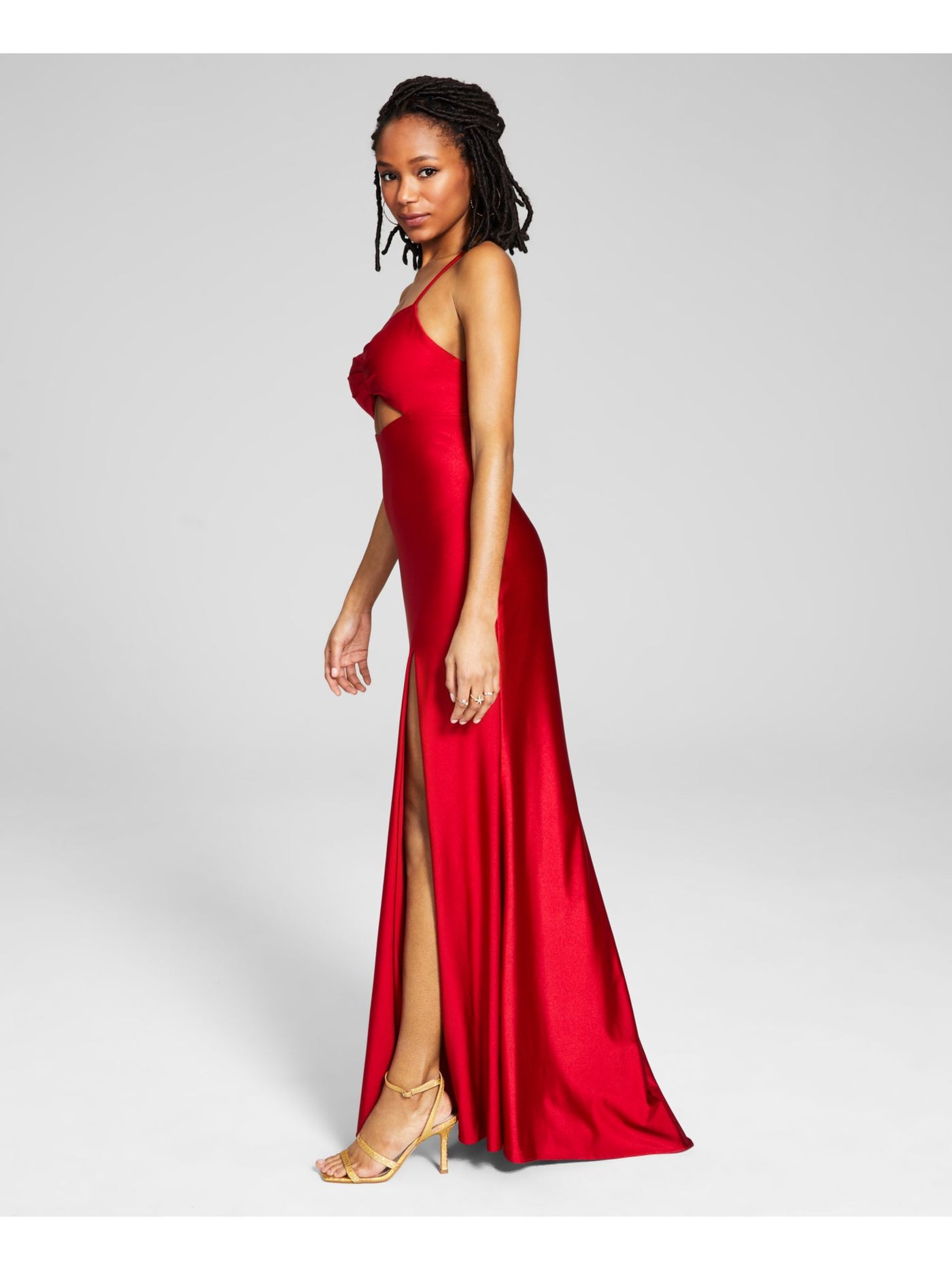 BLONDIE NITES Womens Red Stretch Cut Out Zippered Hook Back Closure Padded Cups Spaghetti Strap Sweetheart Neckline Full-Length Prom Gown Dress 3