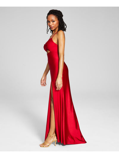 BLONDIE NITES Womens Red Stretch Cut Out Zippered Hook Back Closure Padded Cups Spaghetti Strap Sweetheart Neckline Full-Length Prom Gown Dress 3