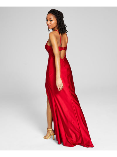BLONDIE NITES Womens Red Stretch Cut Out Zippered Hook Back Closure Padded Cups Spaghetti Strap Sweetheart Neckline Full-Length Prom Gown Dress 3