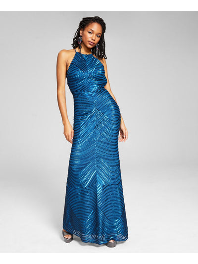 BLONDIE NITES Womens Teal Stretch Sequined Lace Up Back Lined Sleeveless Halter Full-Length Evening Gown Dress 1