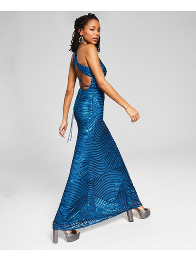 BLONDIE NITES Womens Teal Stretch Sequined Lace Up Back Lined Sleeveless Halter Full-Length Evening Gown Dress 1