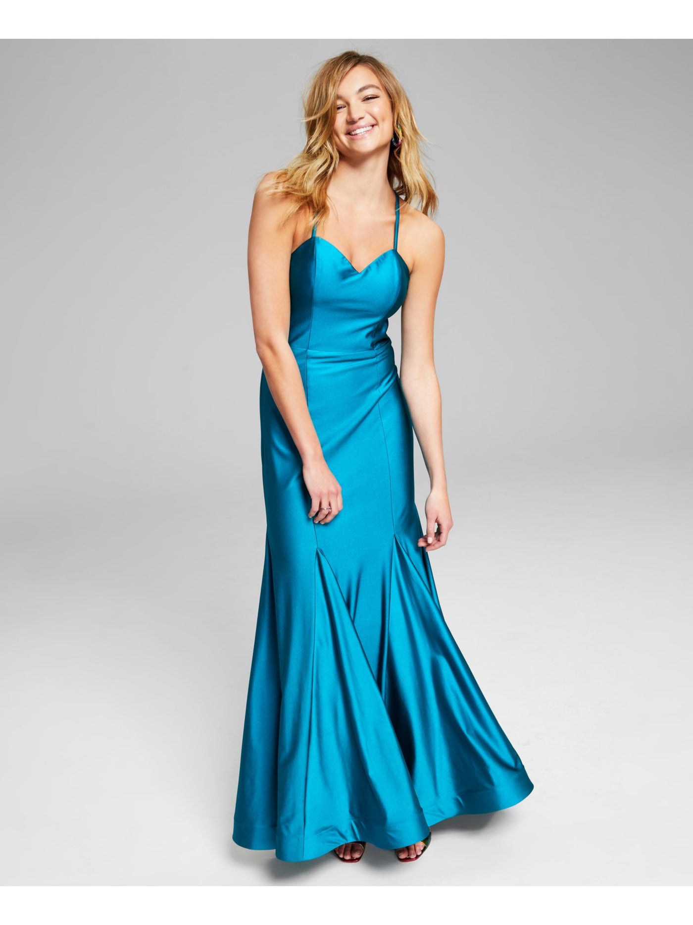 BLONDIE NITES Womens Teal Zippered Pleated Strappy Billowy Hem Spaghetti Strap Sweetheart Neckline Full-Length Prom Gown Dress 9