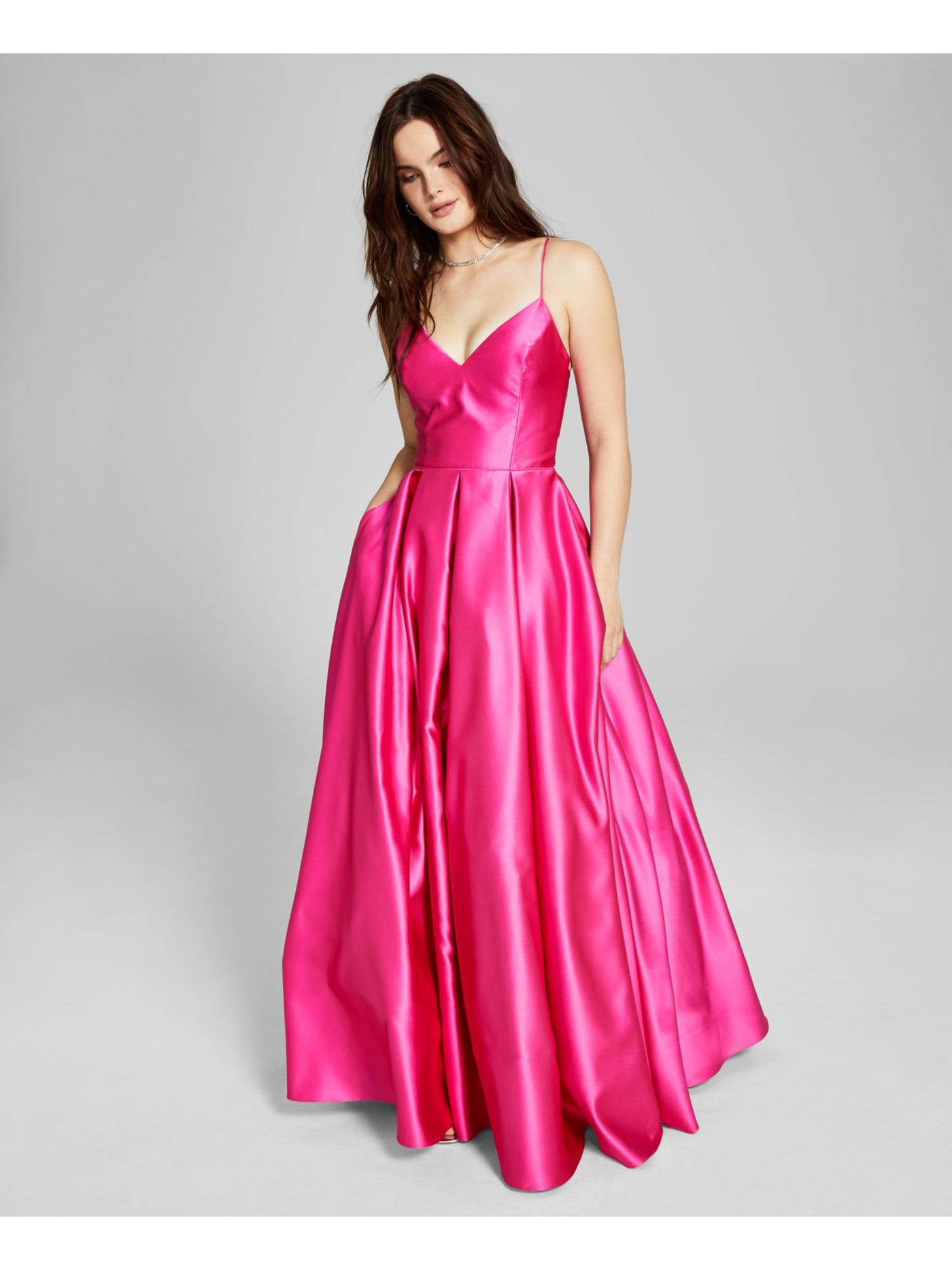 BLONDIE NITES Womens Pink Satin Zippered Pleated Lace-up Back Pocketed Lined Spaghetti Strap V Neck Full-Length Formal Gown Dress Juniors 1