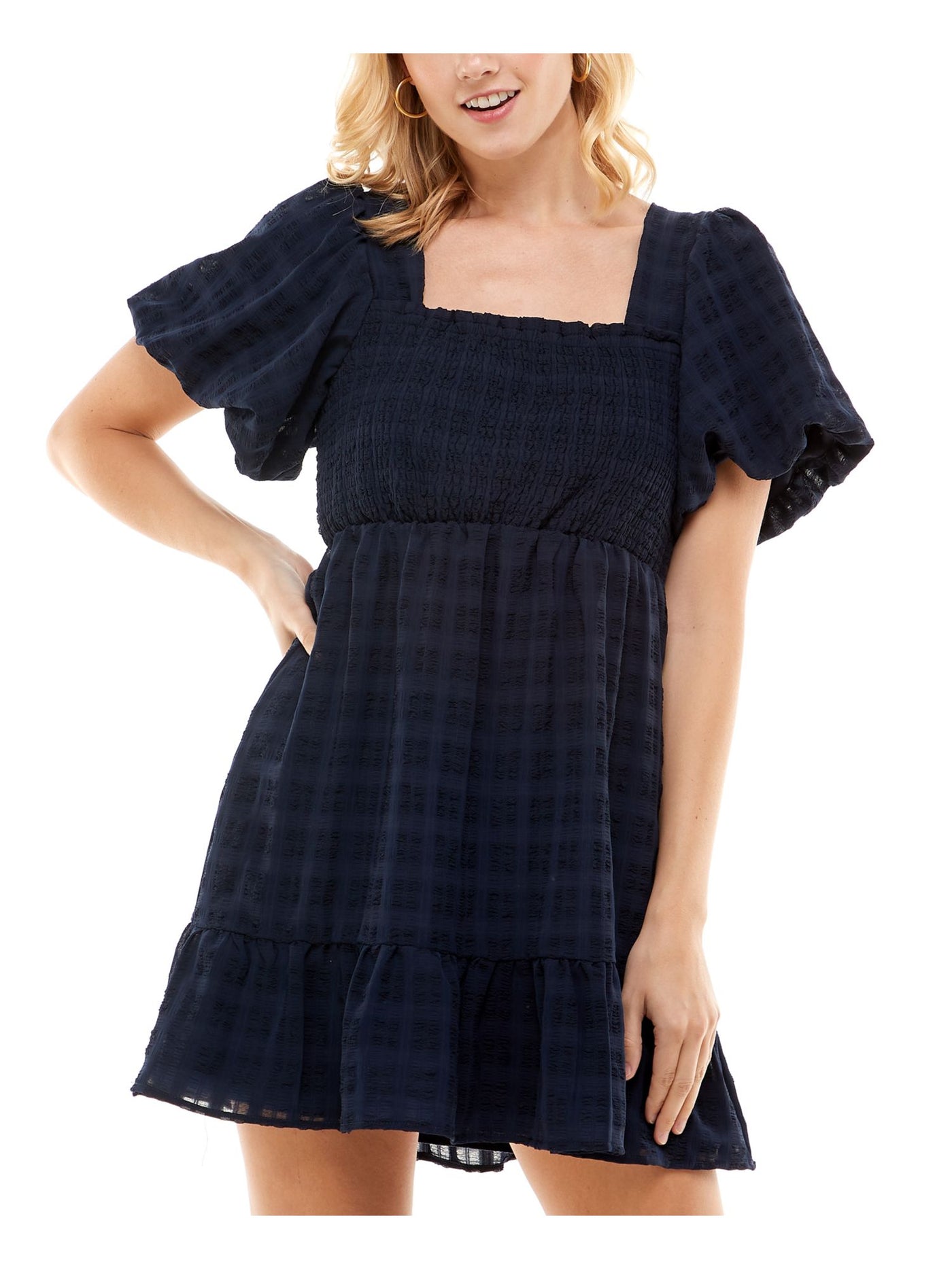CRYSTAL DOLLS Womens Smocked Tiered Skirt Lined Pouf Sleeve Square Neck Short Fit + Flare Dress