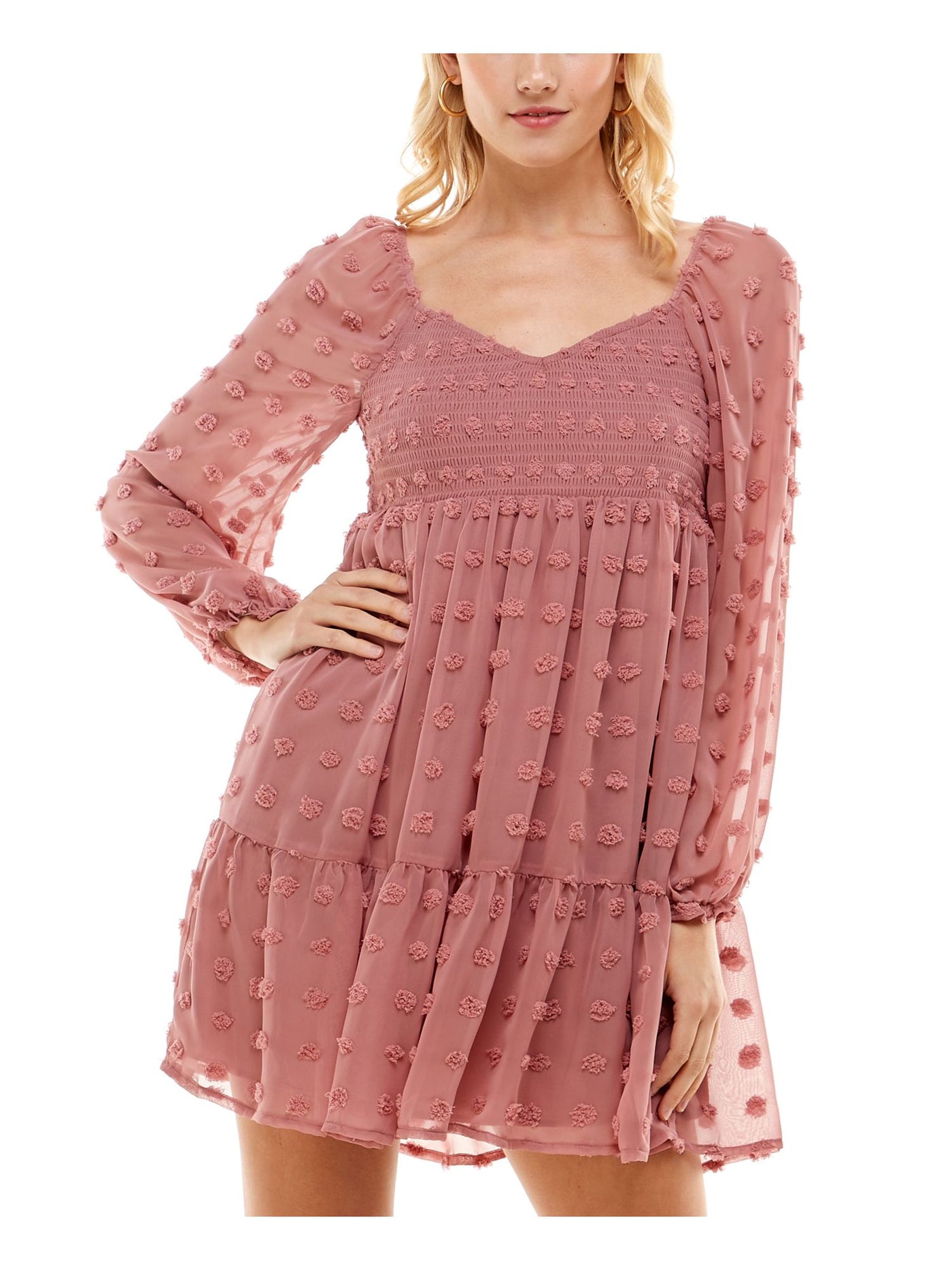 CRYSTAL DOLLS Womens Pink Smocked Low Back Pull Over Lined Elastic Cuffs Long Sleeve V Neck Short A-Line Dress M