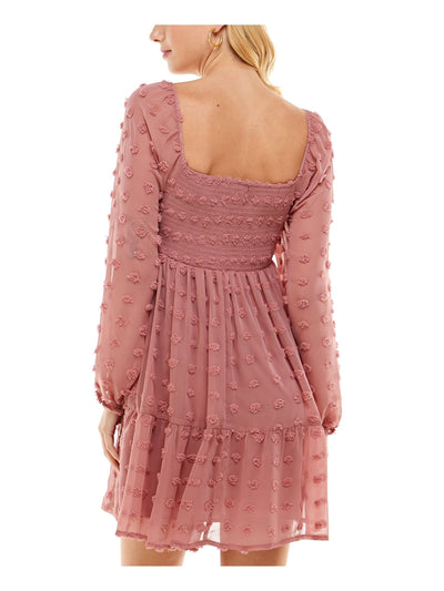 CRYSTAL DOLLS Womens Pink Smocked Low Back Pull Over Lined Elastic Cuffs Long Sleeve V Neck Short A-Line Dress M
