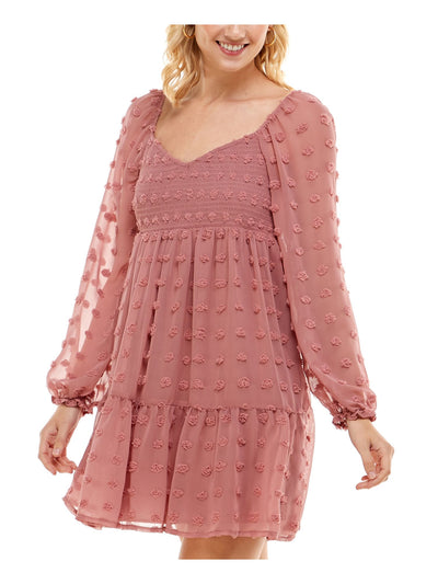 CRYSTAL DOLLS Womens Pink Smocked Low Back Pull Over Lined Elastic Cuffs Long Sleeve V Neck Short A-Line Dress M