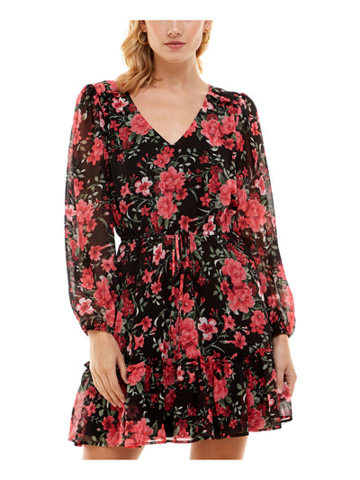 CRYSTAL DOLLS Womens Green Ruffled Tie Pullover Elastic Waist Lined Floral Long Sleeve V Neck Above The Knee Party Fit + Flare Dress XS