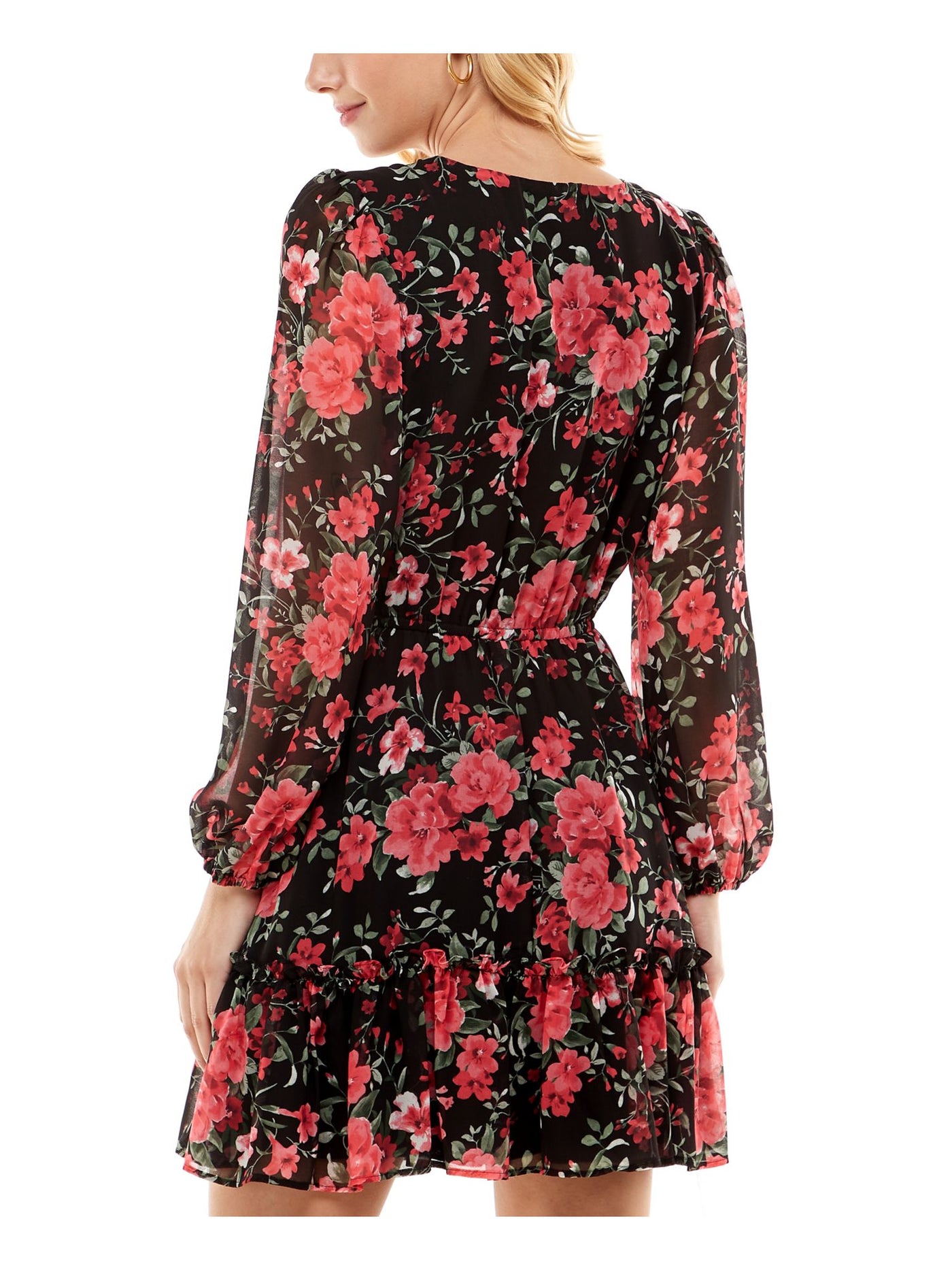 CRYSTAL DOLLS Womens Green Ruffled Tie Pullover Elastic Waist Lined Floral Long Sleeve V Neck Above The Knee Party Fit + Flare Dress XS