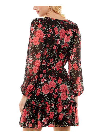 CRYSTAL DOLLS Womens Green Ruffled Tie Pullover Elastic Waist Lined Floral Long Sleeve V Neck Above The Knee Party Fit + Flare Dress XS