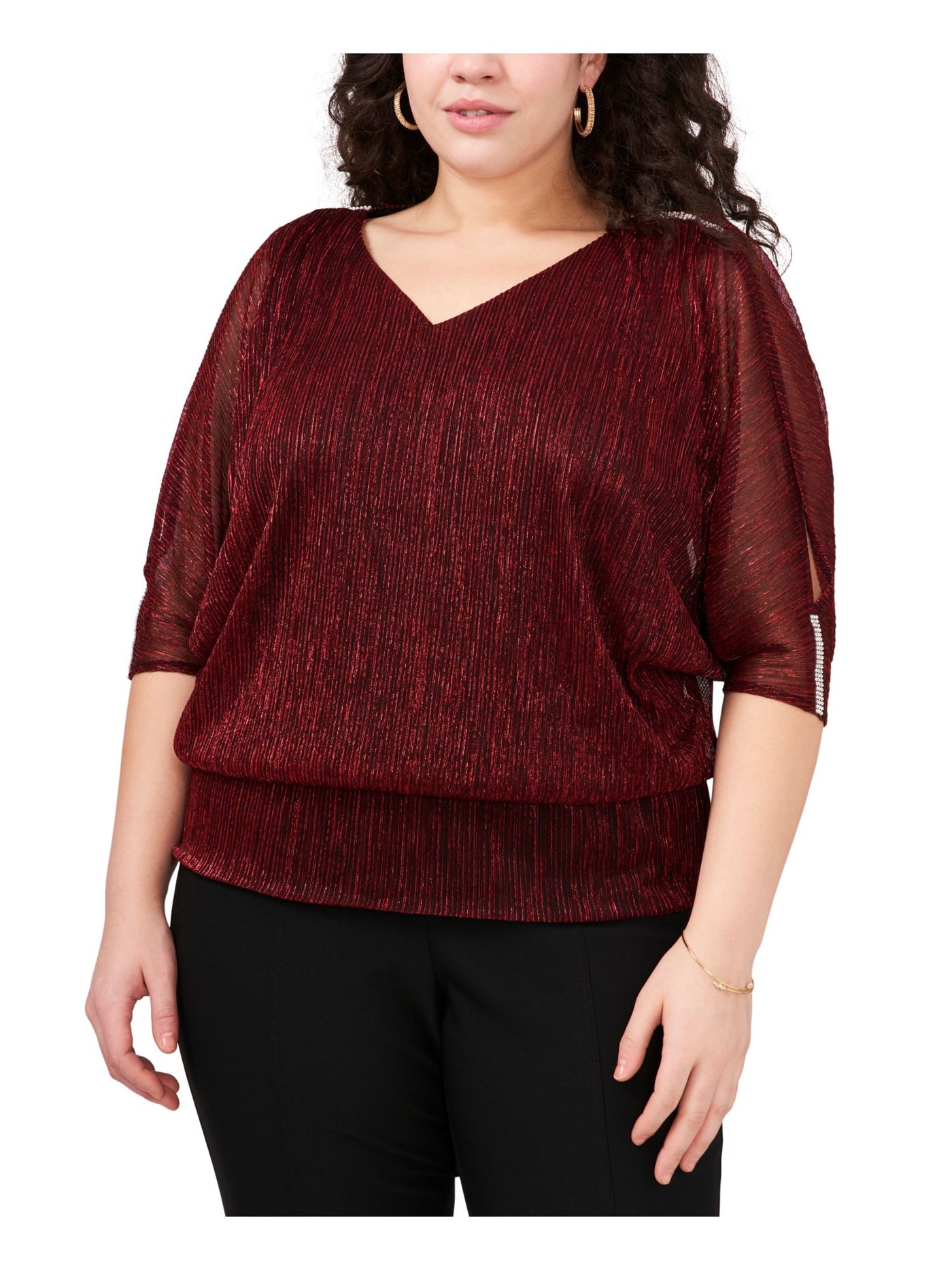 MSK WOMEN Womens Red Embellished 3/4 Split Sleeves Elastic Waist V Neck Party Blouse Plus 3X