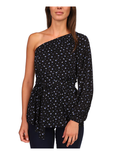 MICHAEL MICHAEL KORS Womens Blue Tie Floral Long Sleeve Asymmetrical Neckline Tunic Top Petites P\XS