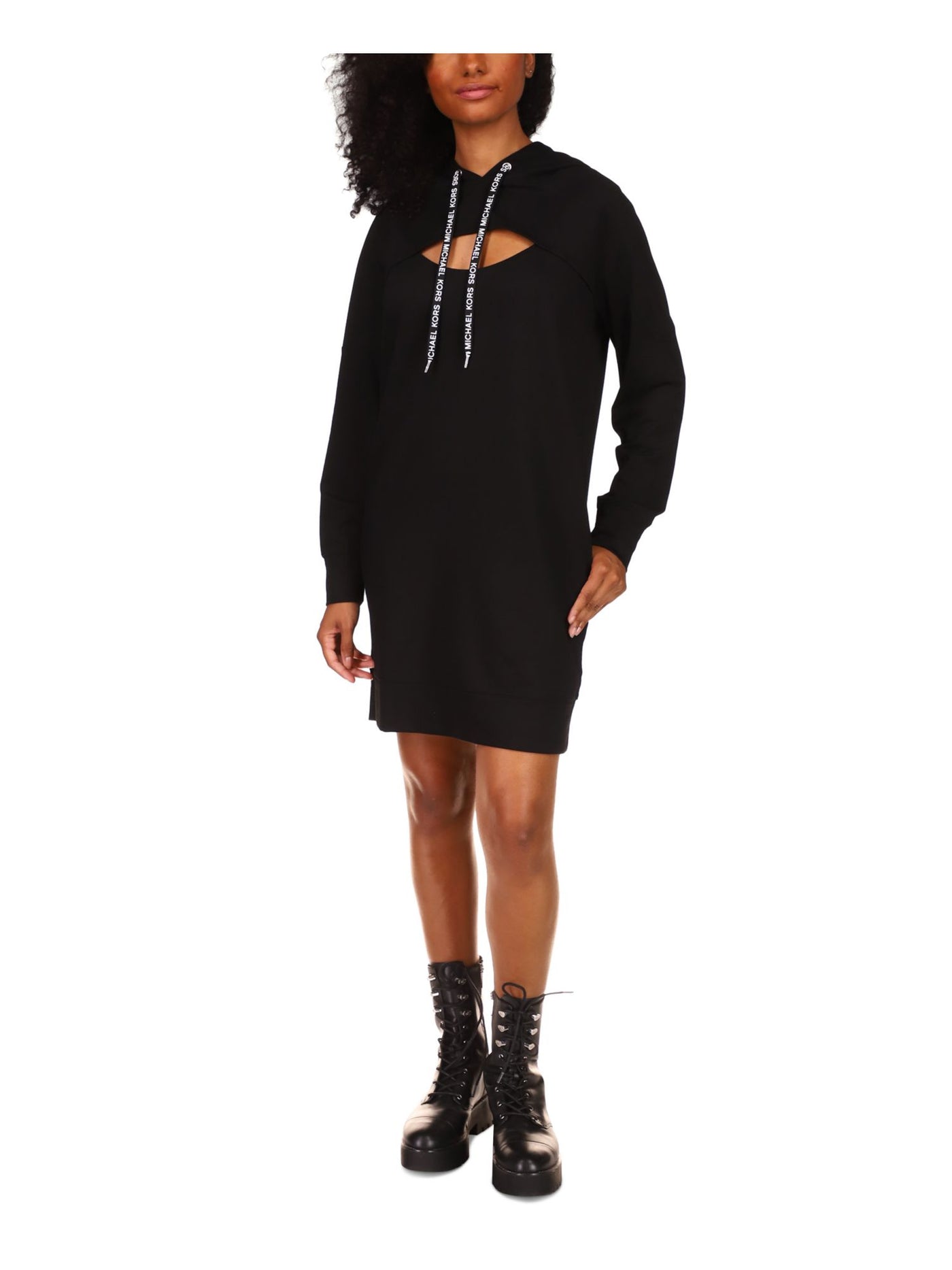MICHAEL MICHAEL KORS Womens Black Cut Out Drawstring Hoodie Long Sleeve Above The Knee Sweatshirt Dress XXS