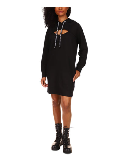 MICHAEL MICHAEL KORS Womens Black Cut Out Drawstring Hoodie Long Sleeve Above The Knee Sweatshirt Dress XXS