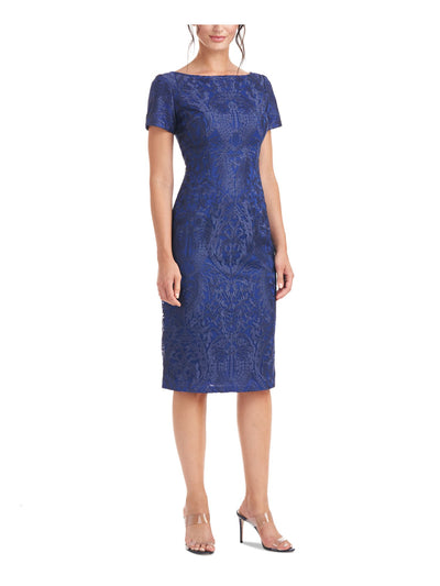 JS COLLECTION Womens Blue Zippered Embroidered Lined Floral Short Sleeve Boat Neck Midi Party Sheath Dress 2