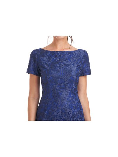 JS COLLECTION Womens Blue Zippered Embroidered Lined Floral Short Sleeve Boat Neck Midi Party Sheath Dress 2