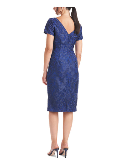 JS COLLECTION Womens Blue Zippered Embroidered Lined Floral Short Sleeve Boat Neck Midi Party Sheath Dress 2