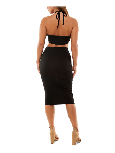 ALMOST FAMOUS Womens Black Ribbed Cut Out Sleeveless Halter Below The Knee Party Body Con Dress L