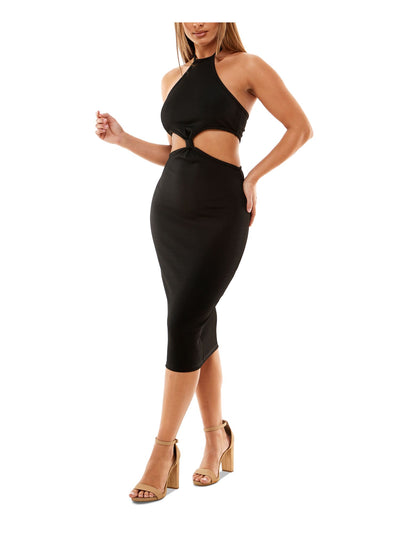 ALMOST FAMOUS Womens Black Ribbed Cut Out Sleeveless Halter Below The Knee Party Body Con Dress L