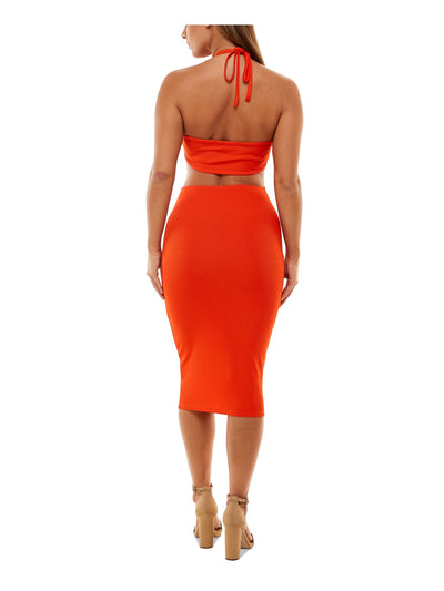 ALMOST FAMOUS Womens Orange Ribbed Cut Out Jersey Knit Tie Neck Sleeveless Halter Below The Knee Party Body Con Dress L